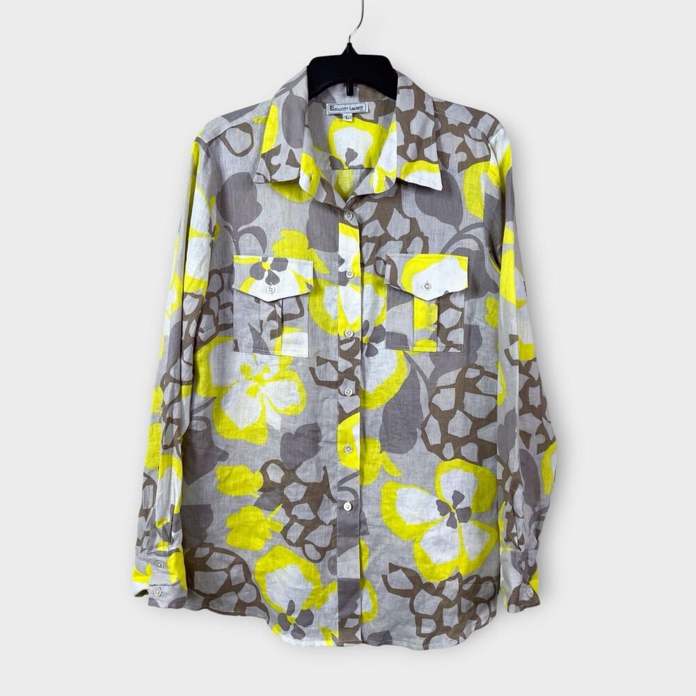 Elliott Lauren Linen Floral Button Up Shirt Women’s Large W/Pockets USA Made Top
